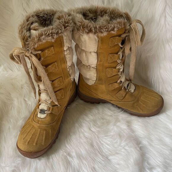 Timberland wheat leather suede &beige nylon lace up Mid calf boots  SZ8.5M - Picture 5 of 9
